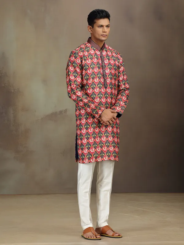 Red and navy brocade silk kurta pajama with print