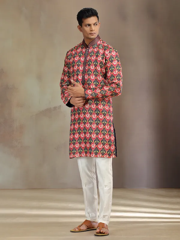 Red and navy brocade silk kurta pajama with print