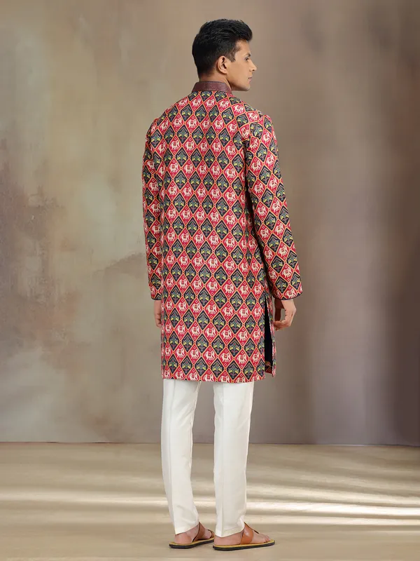 Red and navy brocade silk kurta pajama with print