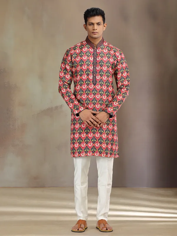 Red and navy brocade silk kurta pajama with print