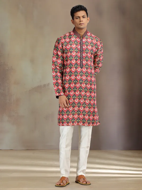 Red and navy brocade silk kurta pajama with print