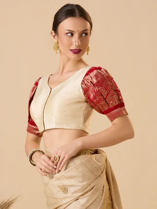 Red and off white silk zari work V neck ready made blouse