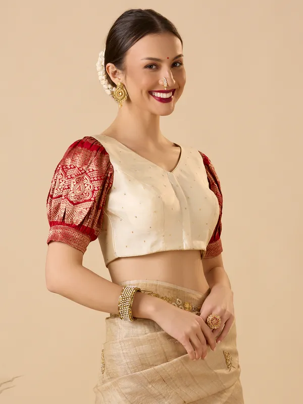 Red and off white silk zari work V neck ready made blouse