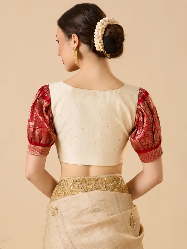 Red and off white silk zari work V neck ready made blouse