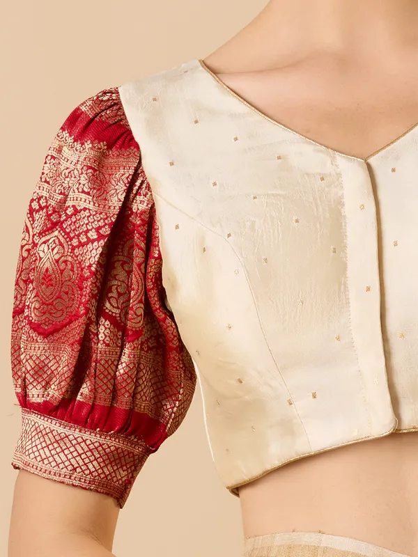 Red and off white silk zari work V neck ready made blouse