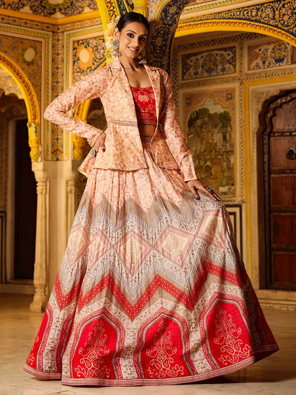 Red and peach silk lehenga choli