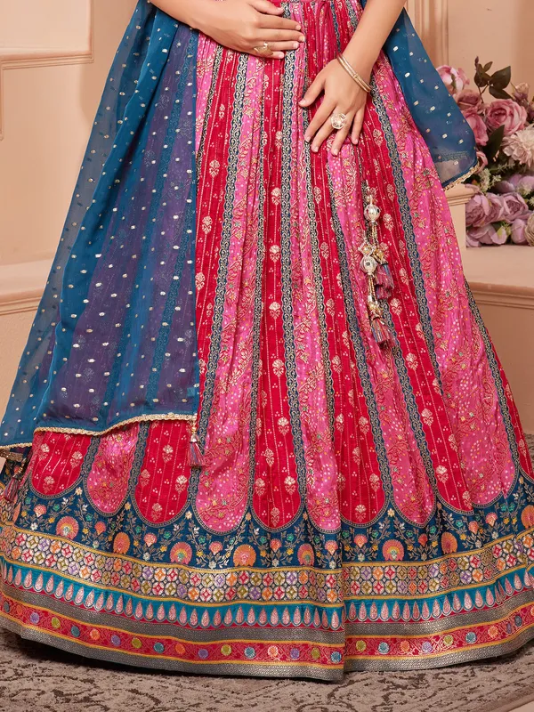 Red and pink banarasi silk lehenga choli with dupatta