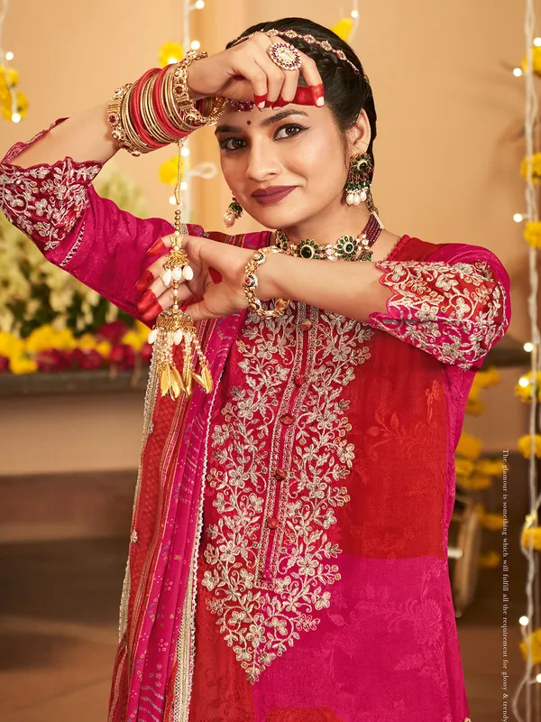Red and pink silk printed salwar suit