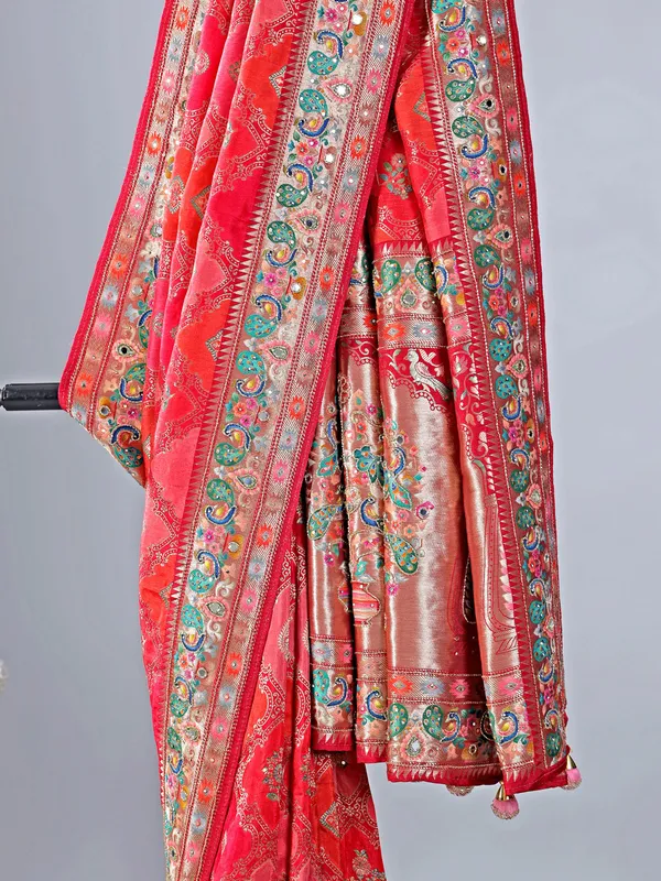 Red and pink silk saree with subtle zari highlights