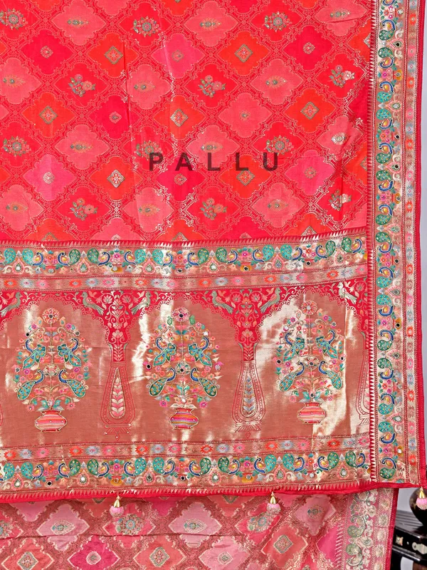 Red and pink silk saree with subtle zari highlights