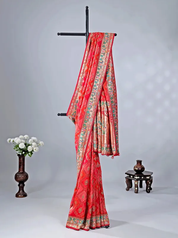 Red and pink silk saree with subtle zari highlights