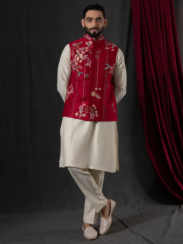 Red and silk cream waistcoat set