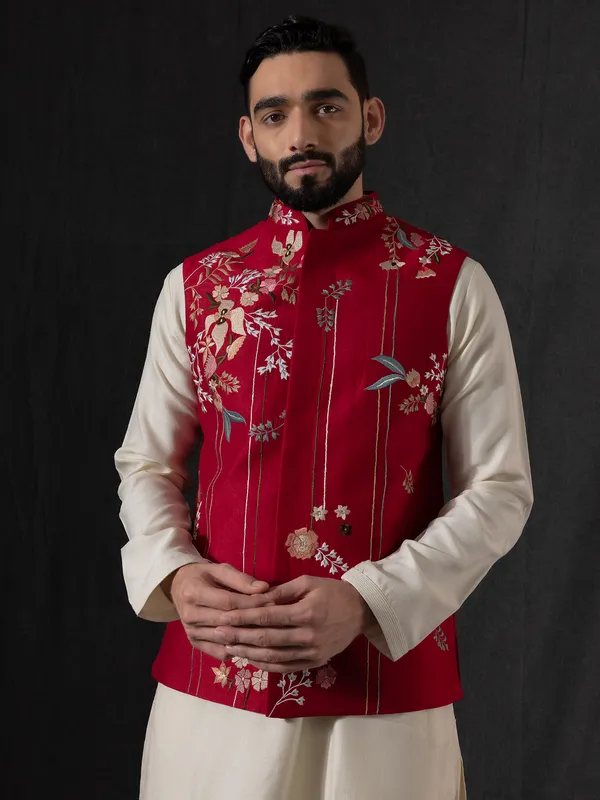 Red and silk cream waistcoat set