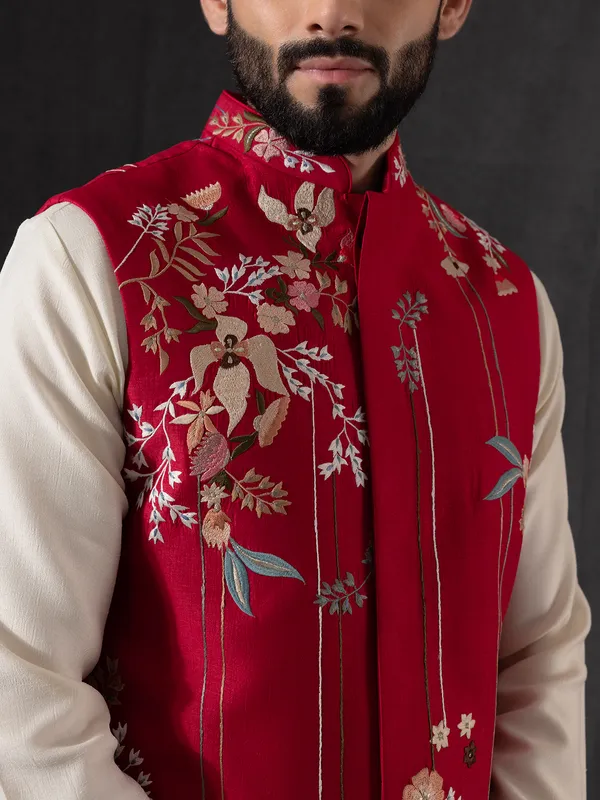 Red and silk cream waistcoat set