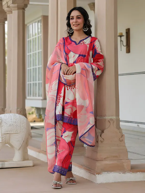 Red and white cotton kurti set