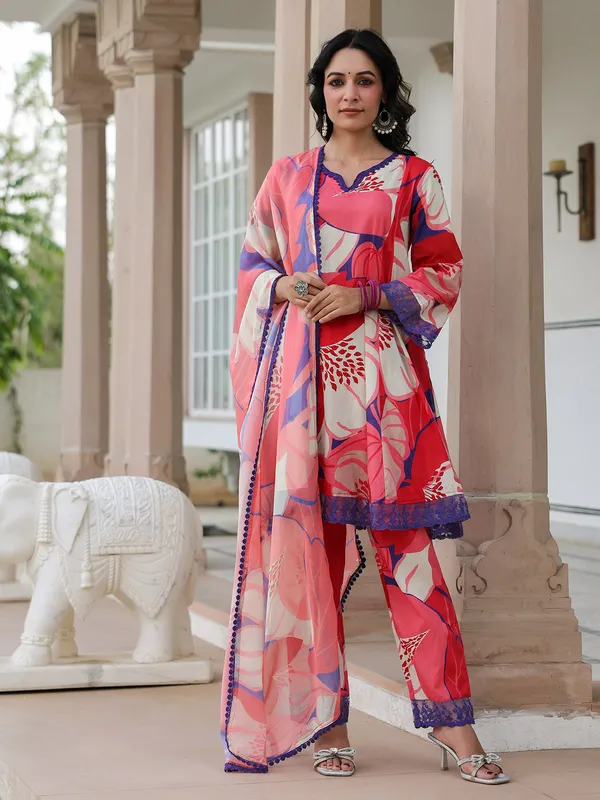 Red and white cotton kurti set