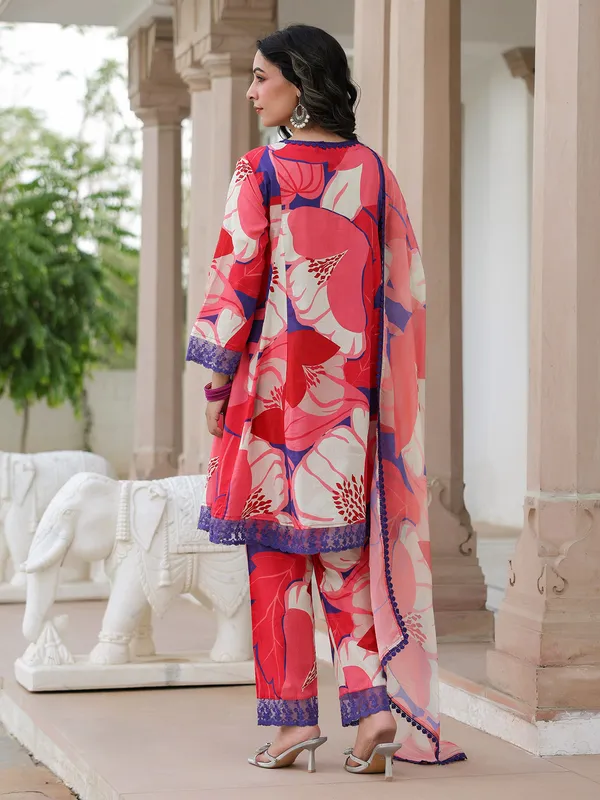Red and white cotton kurti set