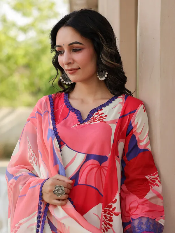 Red and white cotton kurti set