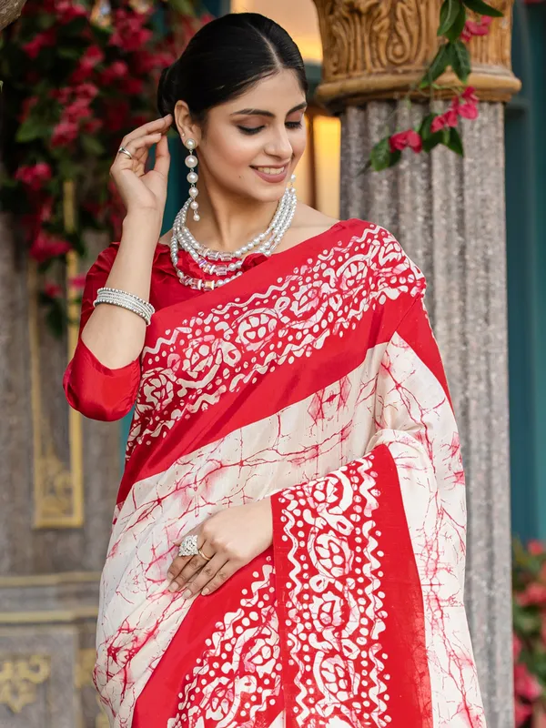 Red and white printed bhagalpuri silk saree