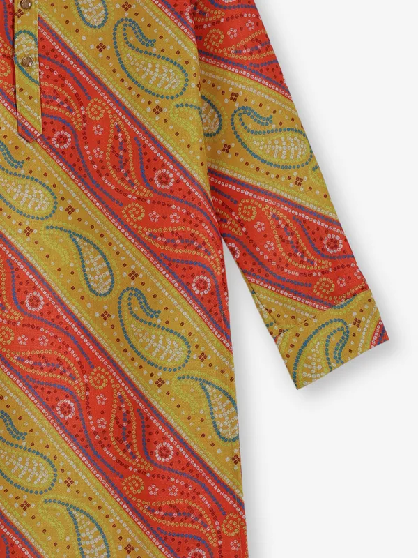 Red and yellow bandhej silk kurta