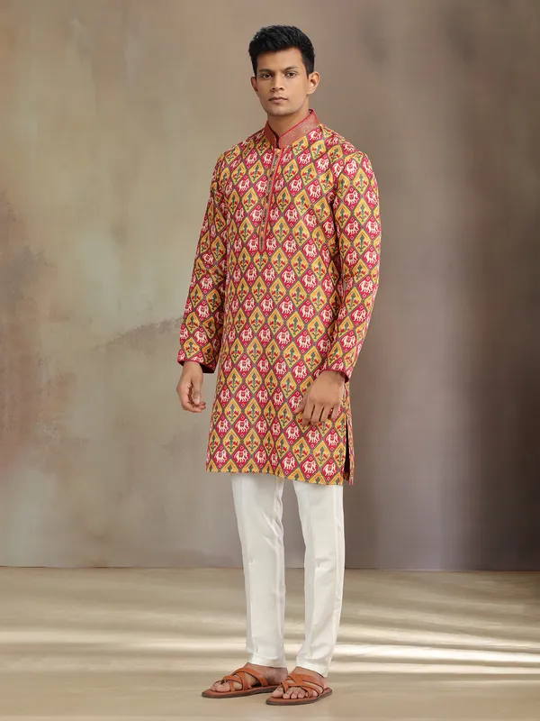 Red and yellow printed brocade silk kurta pajama for festive wear