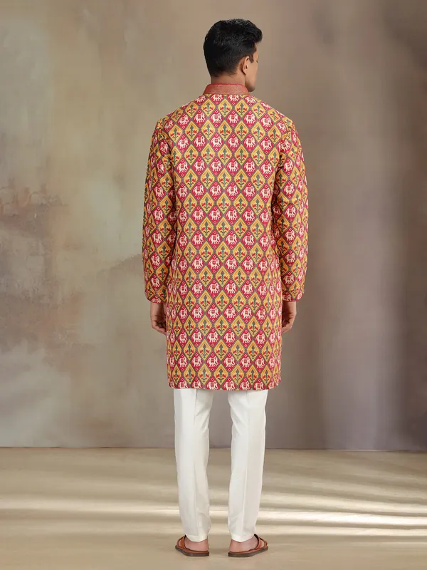 Red and yellow printed brocade silk kurta pajama for festive wear