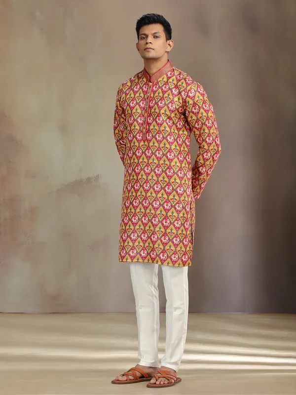 Red and yellow printed brocade silk kurta pajama for festive wear