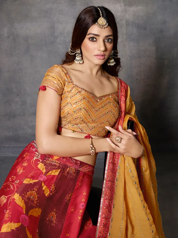 Red and yellow printed silk lehenga choli