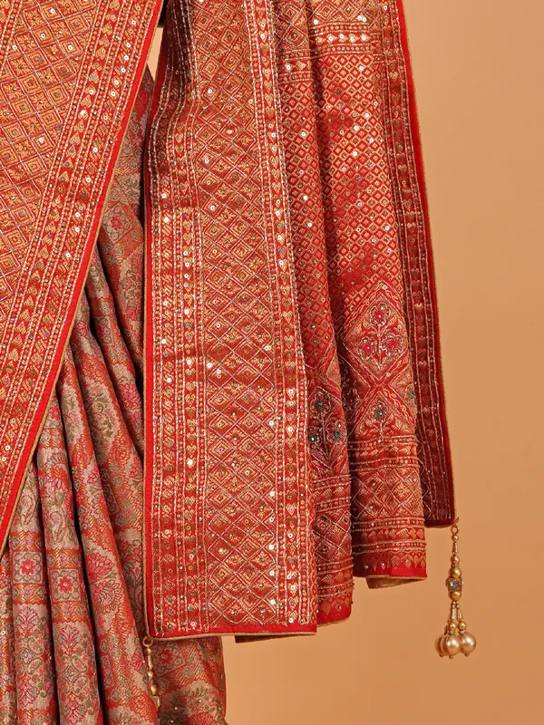 Red art kanjivaram silk saree for wedding