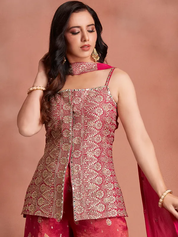 Pink banarasi silk palazzo suit with dupatta