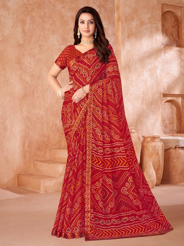 Red bandhani printed chiffon saree for women