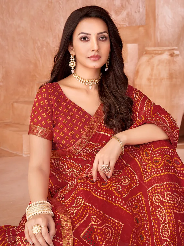 Red bandhani printed chiffon saree for women