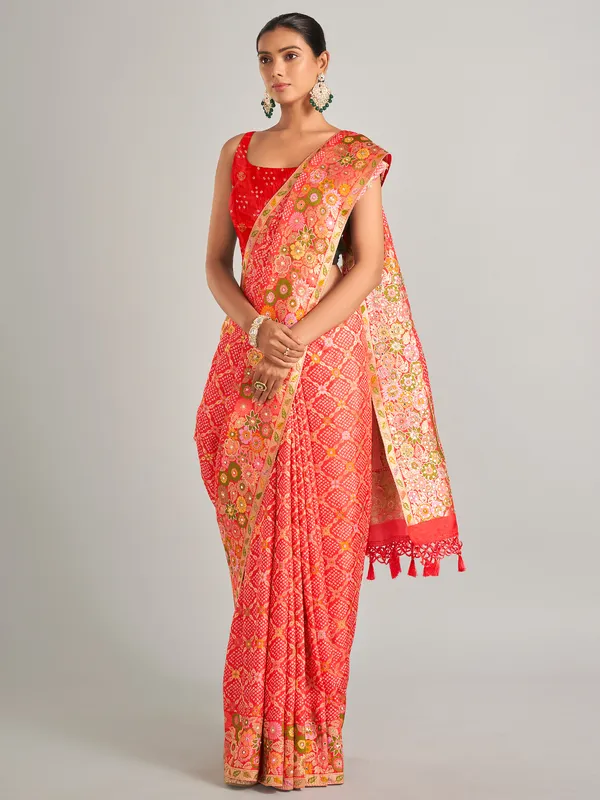Red bandhej print silk saree