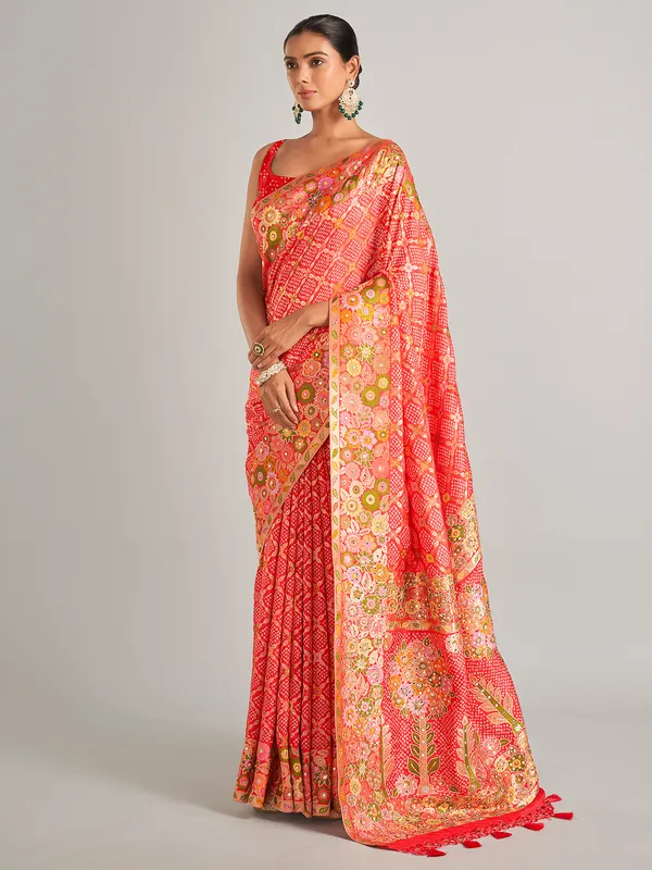 Red bandhej print silk saree