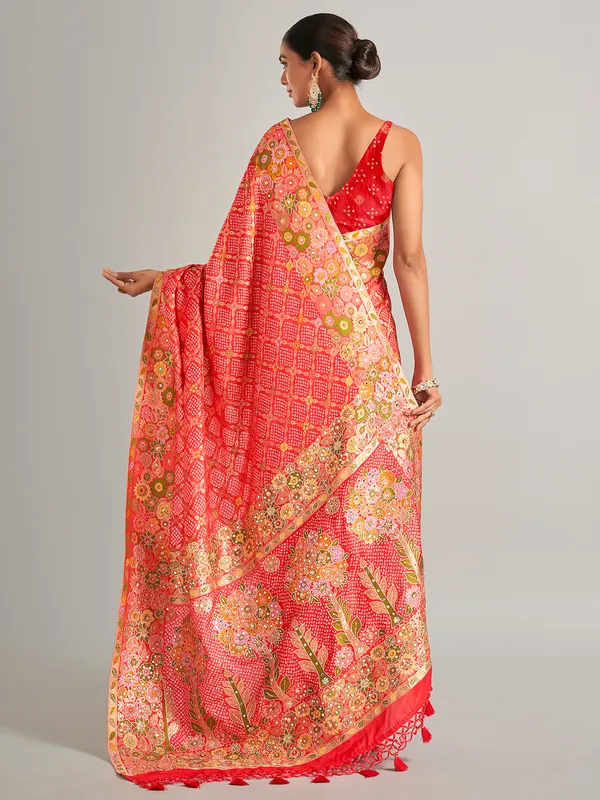 Red bandhej print silk saree