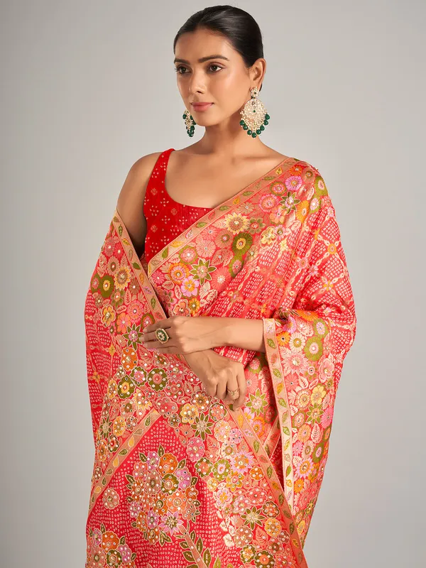Red bandhej print silk saree