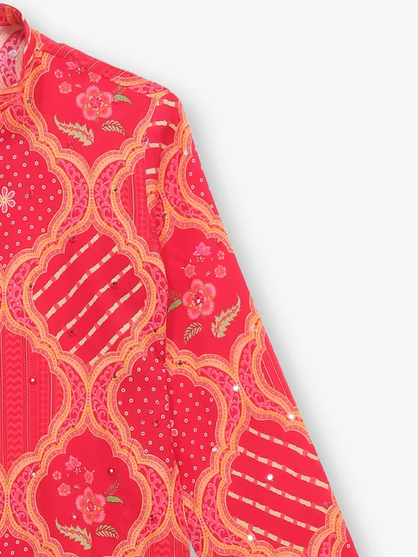 Red bandhej printed cotton kurta suuit for boys