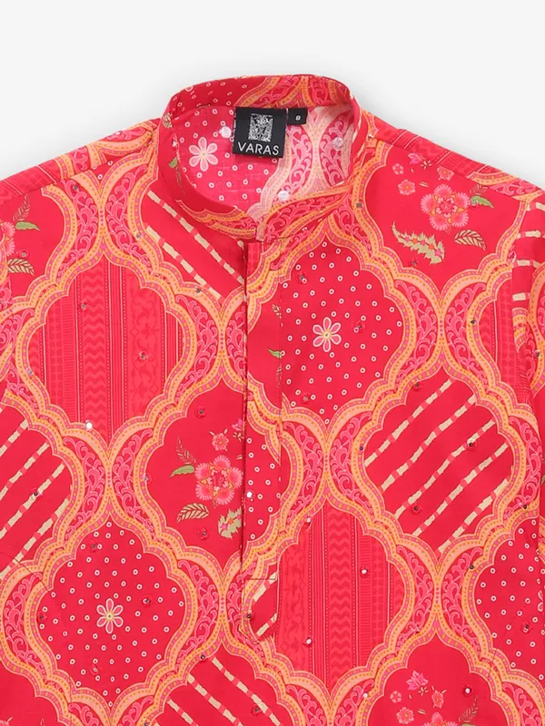 Red bandhej printed cotton kurta suuit for boys