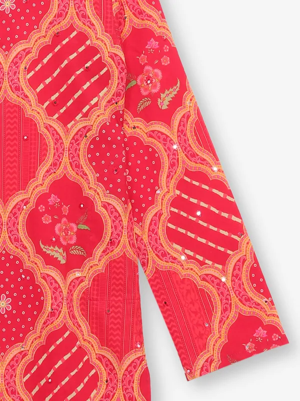 Red bandhej printed cotton kurta suuit for boys