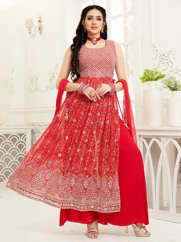 Red bandhej printed georgette palazzo suit