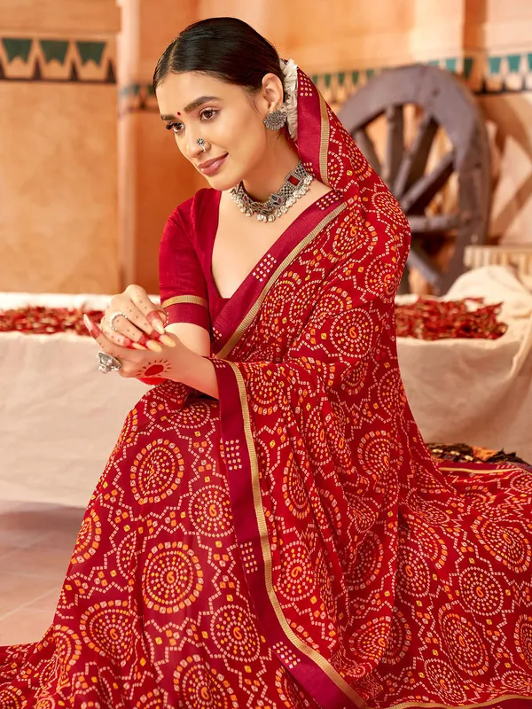 Red bandhej printed georgette saree