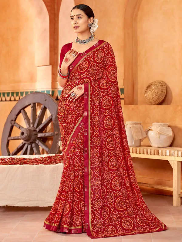 Red bandhej printed georgette saree