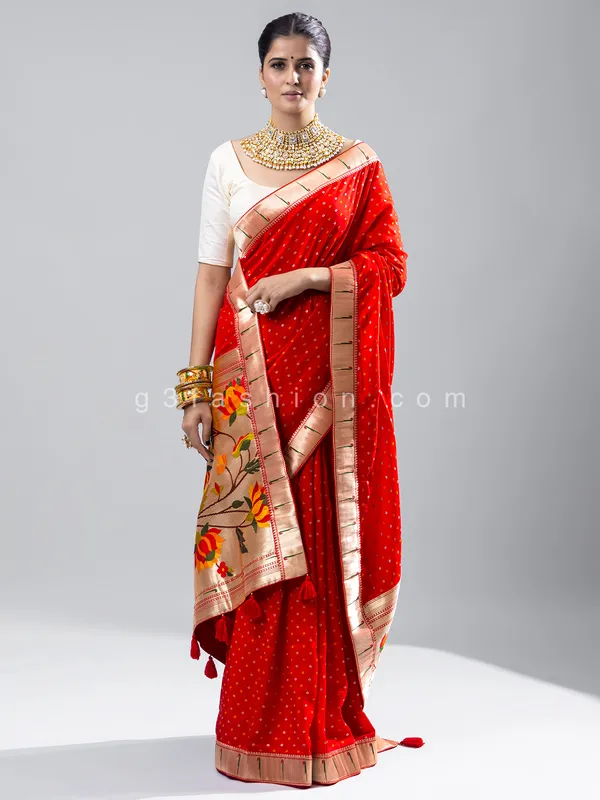 Red bandhej printed silk saree for wedding