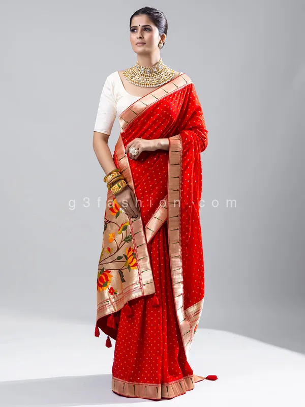 Red bandhej printed silk saree for wedding