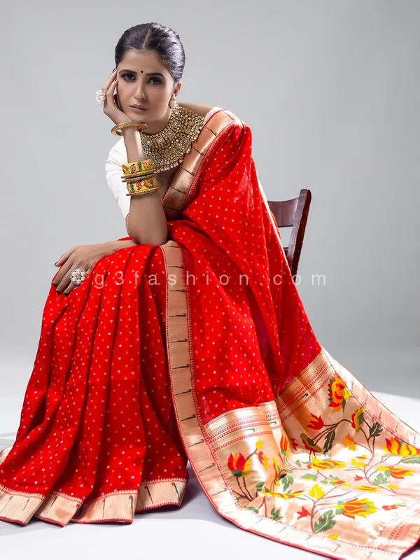 Red bandhej printed silk saree for wedding