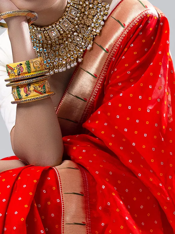 Red bandhej printed silk saree for wedding