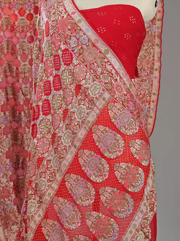 Red bandhej silk saree with unstitched blouse