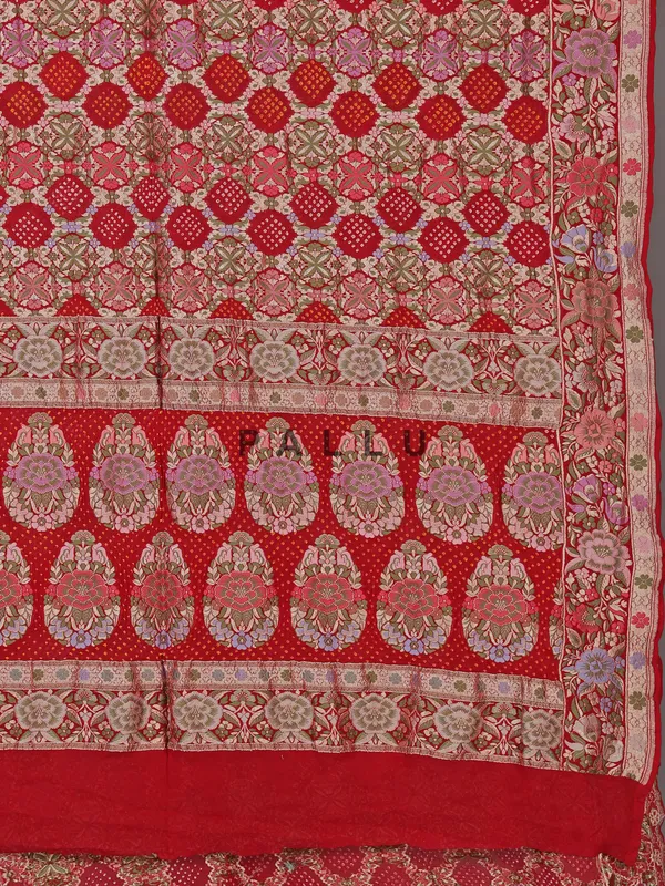 Red bandhej silk saree with unstitched blouse