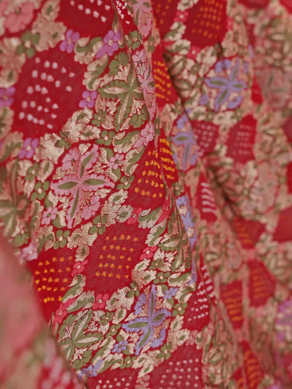 Red bandhej silk saree with unstitched blouse