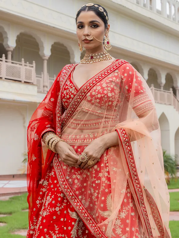 Red bridal lehenga choli in rich silk